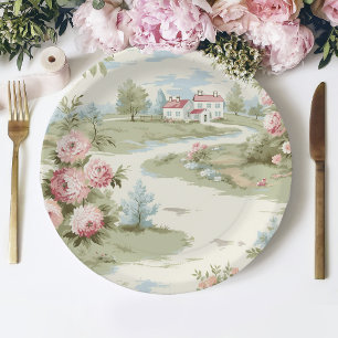 Sweet Rustic Country Home Floral Landscape Paper Plate