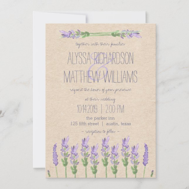 Sweet Rustic Purple Lavender on Kraft Look Wedding Invitation (Front)