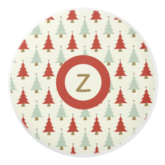 Sweet Rustic Red Green Christmas Tree Ceramic Knob (Front)