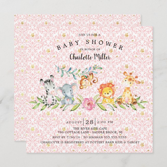 Sweet Safari Animals Girls Baby Shower Invitation (Front/Back)