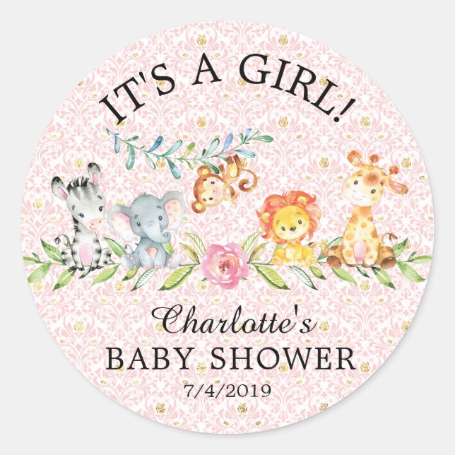 Sweet Safari Animals It' a Girl Favour Sticker (Front)