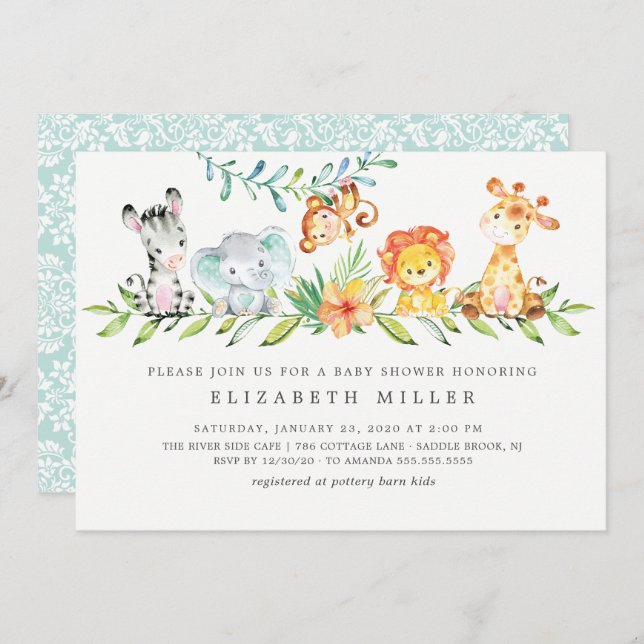 Sweet Safari Animals Neutral Baby Shower Invitation (Front/Back)