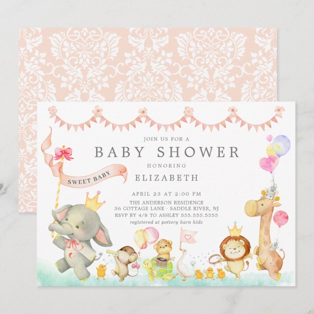 Sweet Safari Animals Parade Baby Shower Invitation (Front/Back)