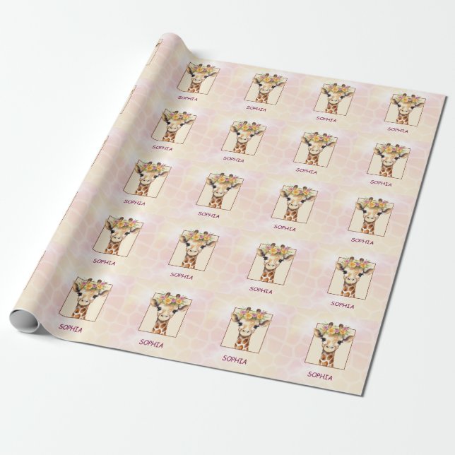 Sweet Safari Baby Giraffe in Pink and Yellow Wrapping Paper (Unrolled)