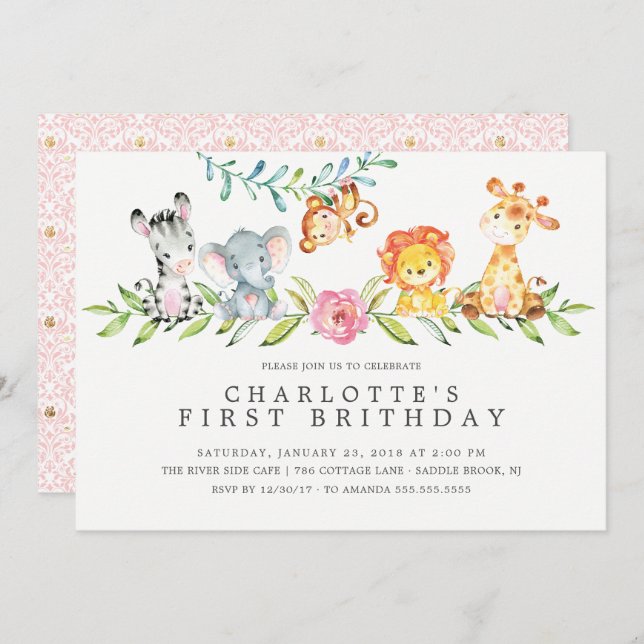 Sweet Safari Girls Birthday Invitation (Front/Back)