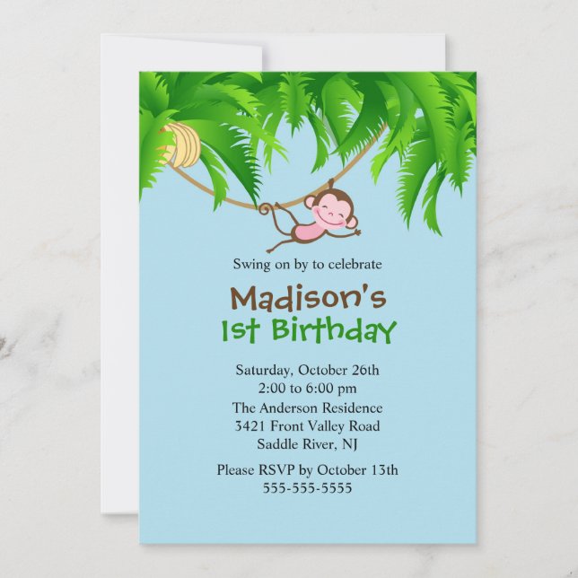 Sweet Safari Monkey Birthday Invitation (Front)