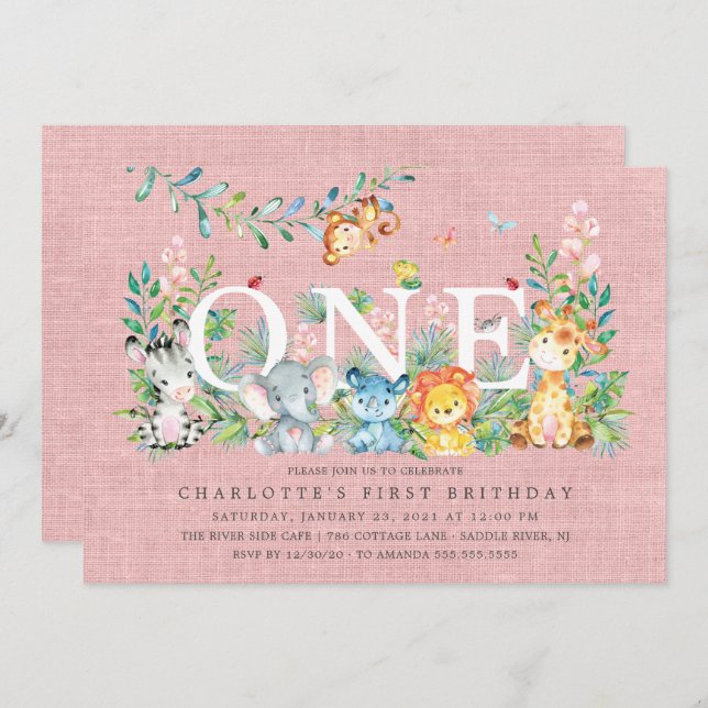 Sweet Safari ONE Girls 1ST Birthday Invitation (Front/Back)