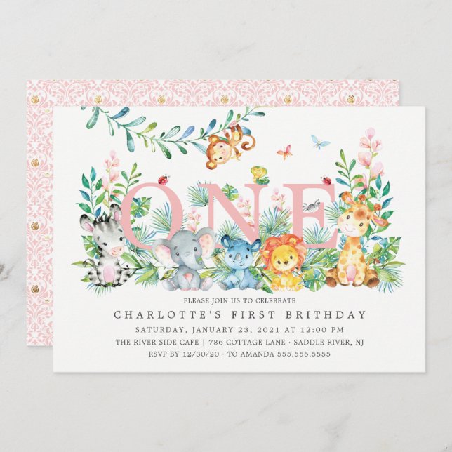 Sweet Safari ONE Girls 1ST Birthday Invitation (Front/Back)