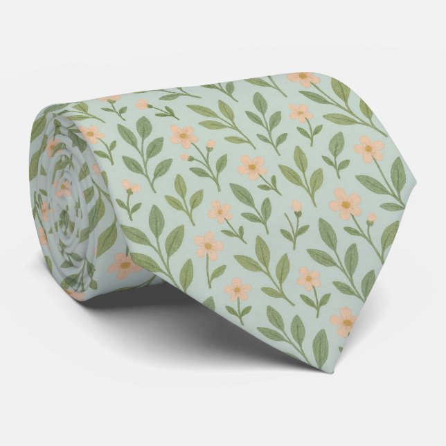 Sweet Sage Green Leaves Elegant Pink Floral Tie (Rolled)