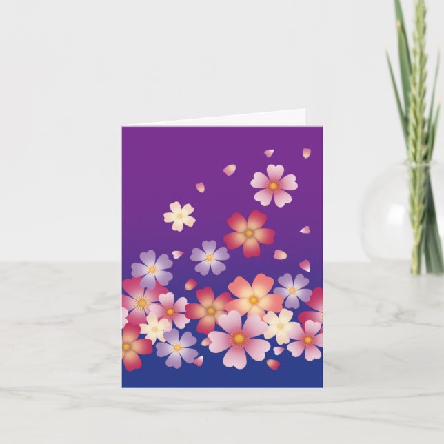 Sweet Sakura Blossoms Kimono Style Blue & Purple Note Card (Front)