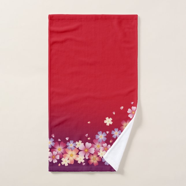 Sweet Sakura Blossoms Kimono Style Red & Purple Hand Towel (Hand Towel)