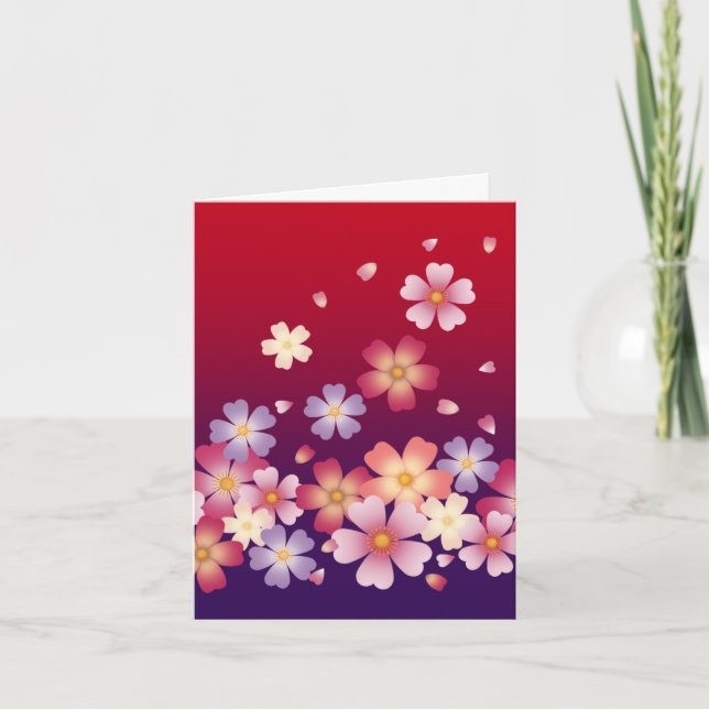 Sweet Sakura Blossoms Kimono Style Red & Purple Note Card (Front)