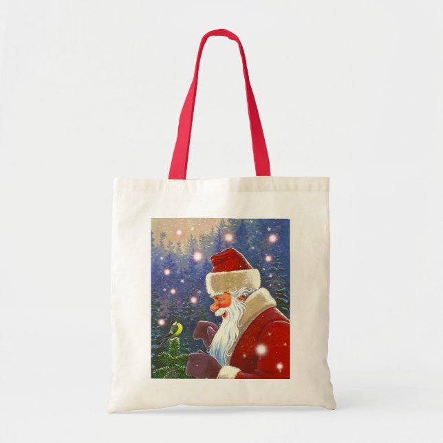 SWEET SANTA & CHICKADEE GIFT BAG HOLIDAY TOTE BAGS (Front)