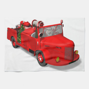 Sweet Santa Claus In Fire Engine Tea Towel