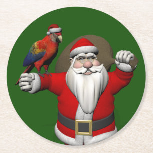 Sweet Santa Claus Loves Macaws Parrots Round Paper Coaster
