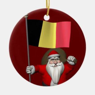 Sweet Santa Claus With Ensign Of Belgium Ceramic Ornament