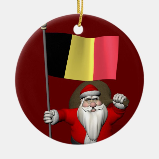 Sweet Santa Claus With Ensign Of Belgium Ceramic Ornament (Front)
