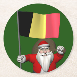 Sweet Santa Claus With Ensign Of Belgium Round Paper Coaster