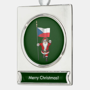 Sweet Santa Claus With Ensign Of Czech Republic Silver Plated Banner Ornament