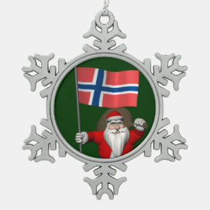 Sweet Santa Claus With Ensign Of Norway Snowflake Pewter Christmas Ornament