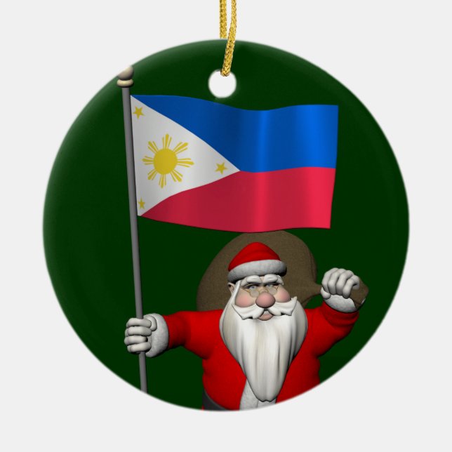 Sweet Santa Claus With Ensign Of The Philippines Ceramic Ornament (Front)