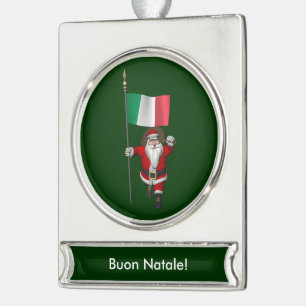 Sweet Santa Claus With Flag Of Italy Silver Plated Banner Ornament