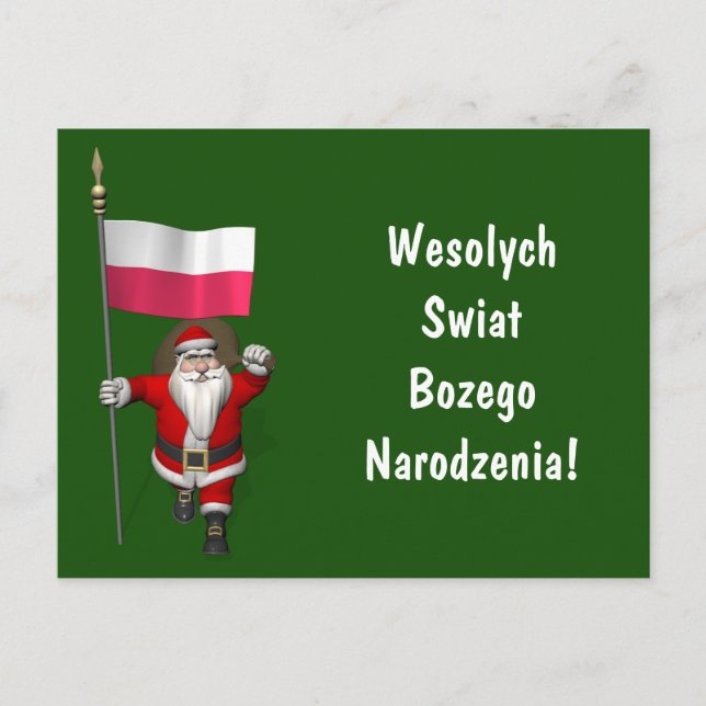 Sweet Santa Claus With Flag Of Poland Holiday Postcard (Front)