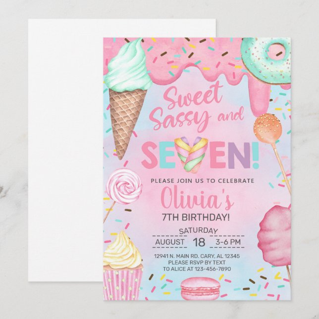 Sweet sassy and seven girl birthday invitation. invitation (Front/Back)