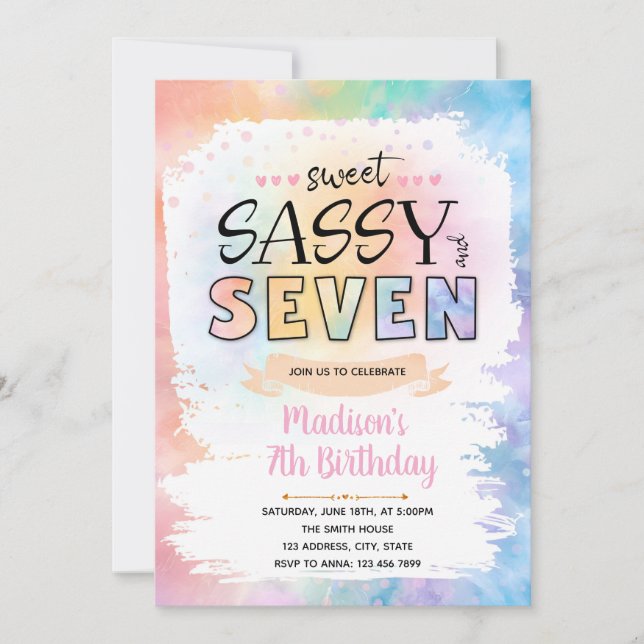 Sweet Sassy and seven tie dye birthday invitation (Front)