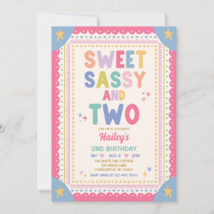 Sweet Sassy And Two Whimsical Girl 2nd Birthday Invitation