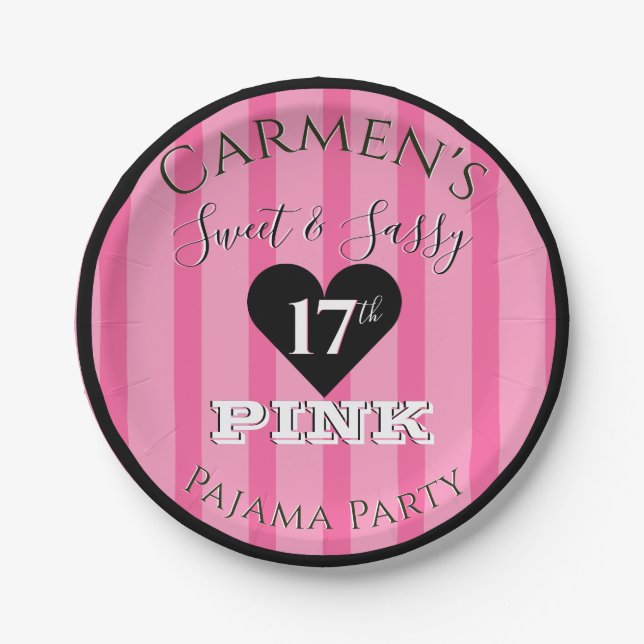 Sweet & Sassy PINK Stripes Pajama|Birthday Party Paper Plate (Front)