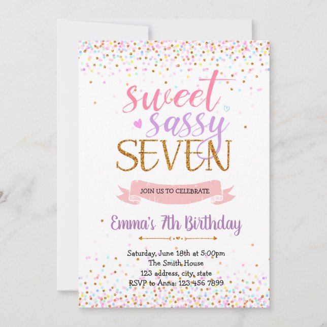 Sweet sassy seven birthday party theme invitation (Front)