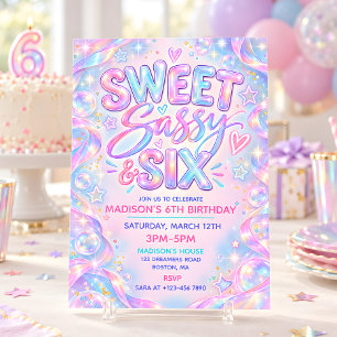 Sweet Sassy & Six Pastel Holographic 6th Birthday Invitation