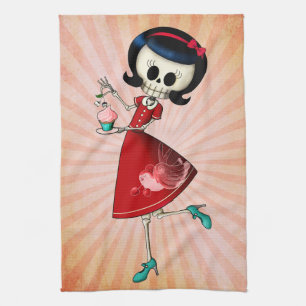 Sweet & Scary Skeleton Girl Tea Towel