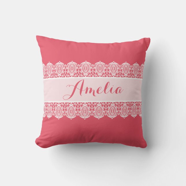 Sweet Script - Bright Pink Lace Monogram Cushion (Front)
