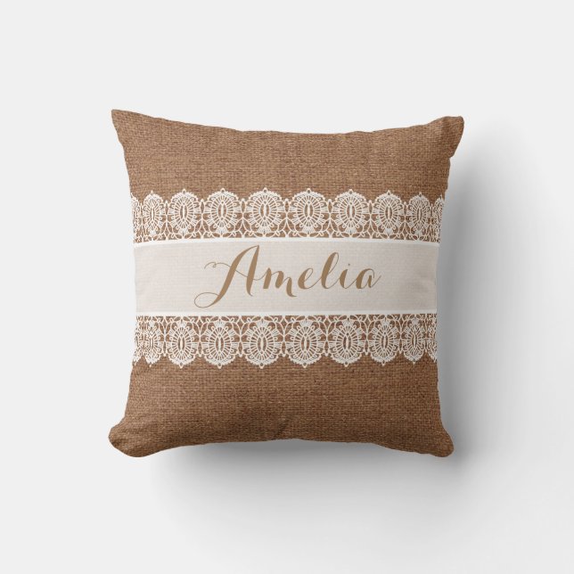 Sweet Script - Faux Burlap and Lace Monogram Cushion (Front)