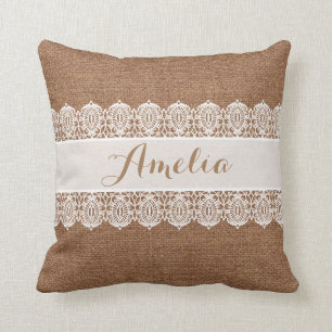 Sweet Script - Faux Burlap and Lace Monogram Cushion