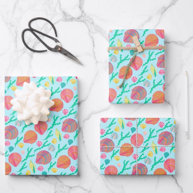 Sweet Seashells Pretty Aqua Pattern Beachy Wrapping Paper Sheet (Front)