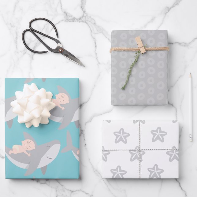 Sweet Shark Baby Shower Wrapping Paper Sheet Set (Front)