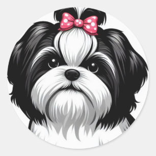 Sweet Shih Tzu in Pink Hair Bow  Classic Round Sticker