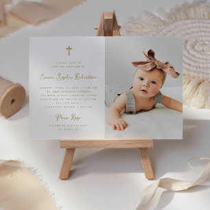 Sweet Simple   Faux Gold with Photo Baptism Invitation