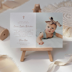 Sweet Simple   Faux Rose Gold with Photo Baptism Invitation