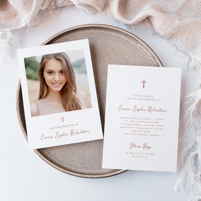 Sweet Simple Photo | Rose Gold Cross Confirmation Invitation (Creator Uploaded)