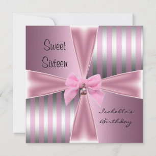 Sweet Sixteen16th Birthday Satin Pink Stripe Bow Invitation