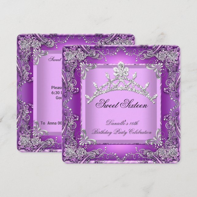 Sweet Sixteen 16 16th Birthday Party Purple Invitation (Front/Back)