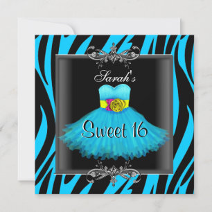 Sweet Sixteen 16 Birthday Blue Zebra Black Dress Invitation
