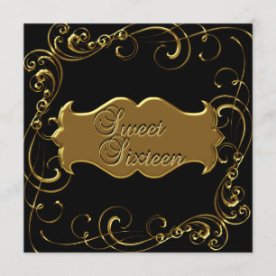 Sweet Sixteen 16 Birthday Elegant Black Gold Invitation