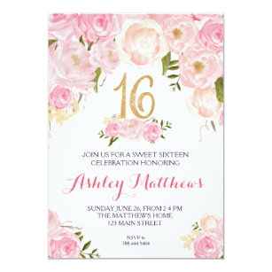 sweet sixteen 16 birthday Floral Invitation, Invitation