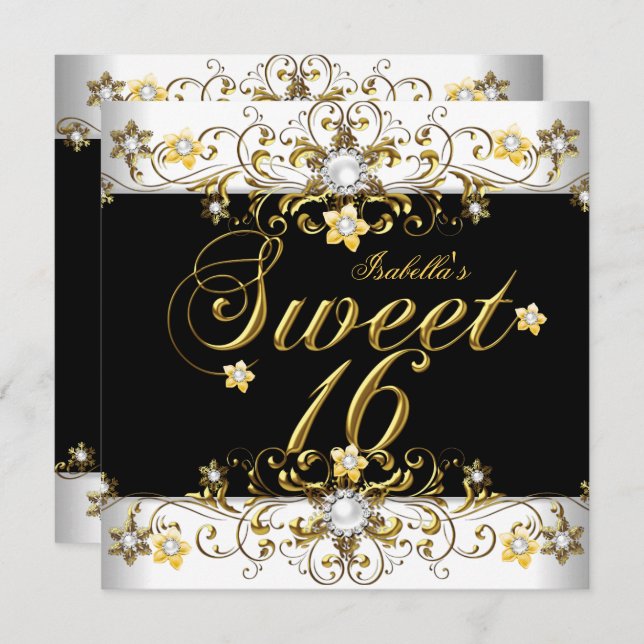 Sweet Sixteen 16 Birthday Gold Black Diamond Invitation (Front/Back)