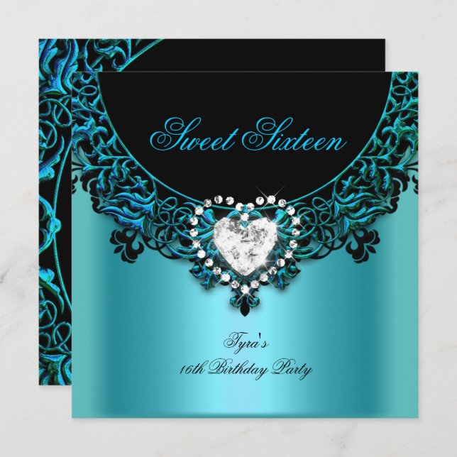 Sweet Sixteen 16 Birthday Party Aqua Blue Teal Invitation (Front/Back)